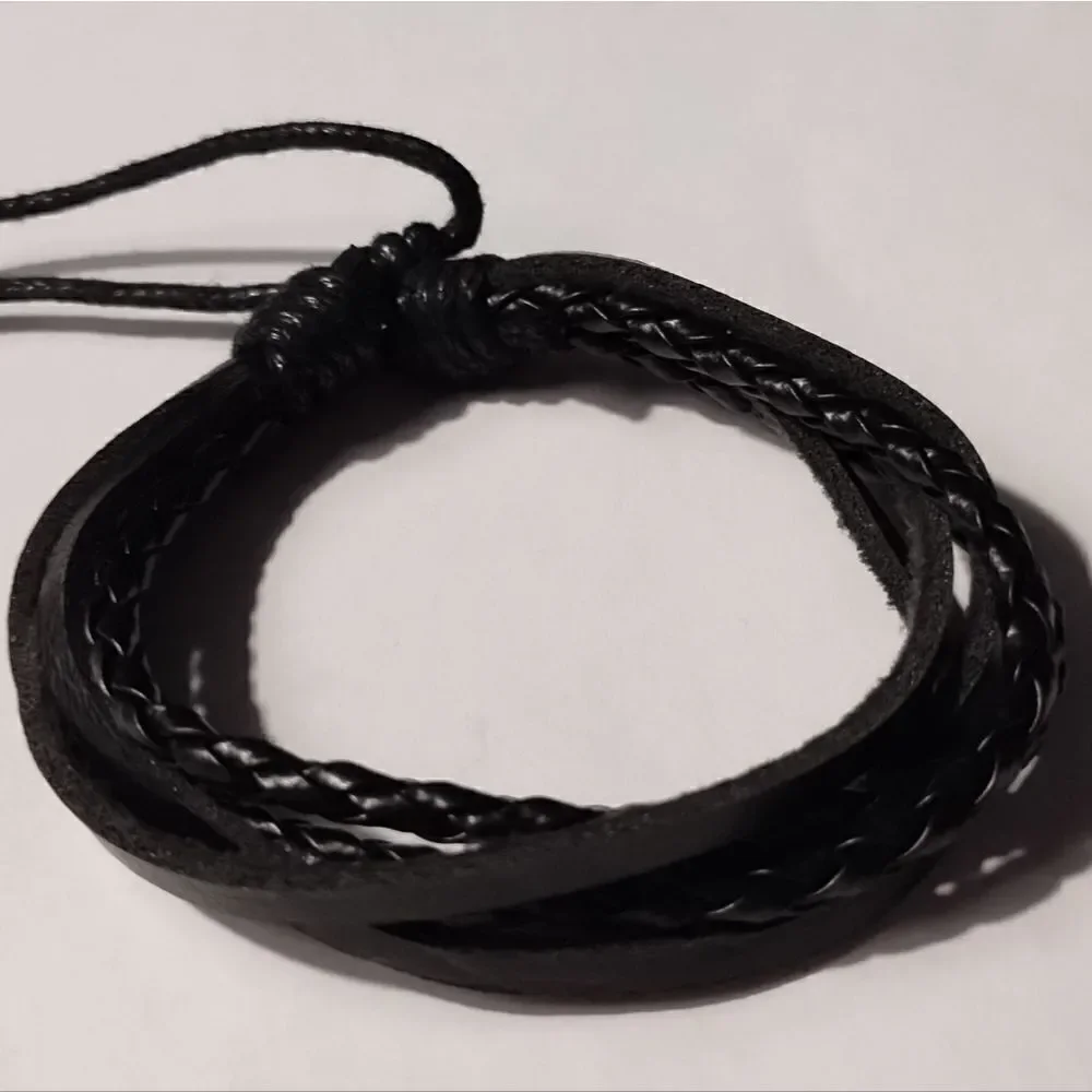 Leather bracelet men's layered braided black new d64